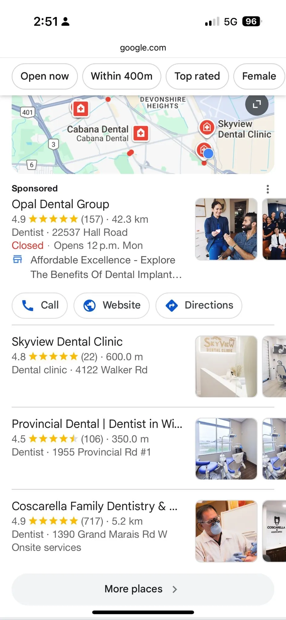 Google results showing a sponsored dental listing 42.3 kilometres away above closer Windsor clinics
