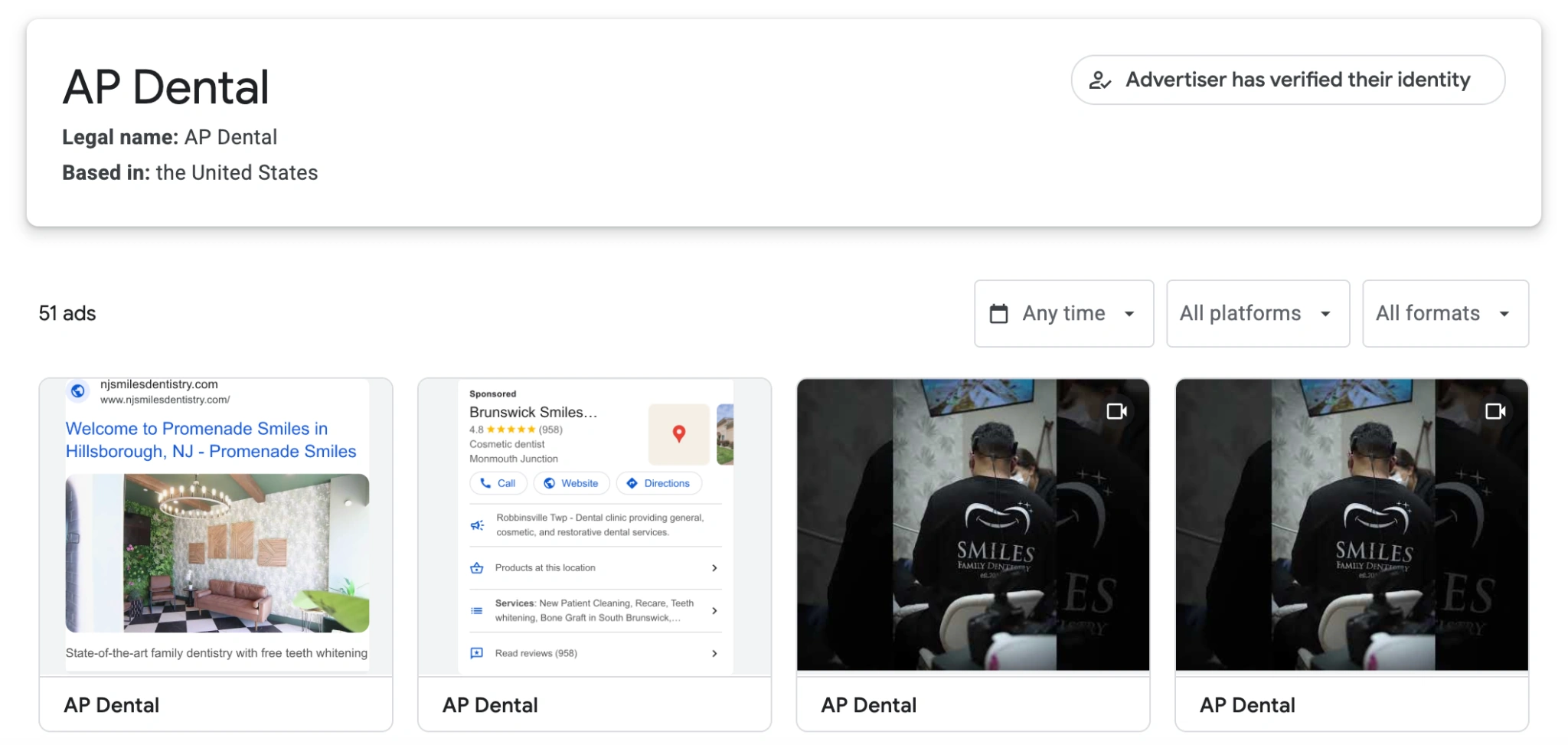 Google Ads Transparency Center example showing dental advertising creative and advertiser verification