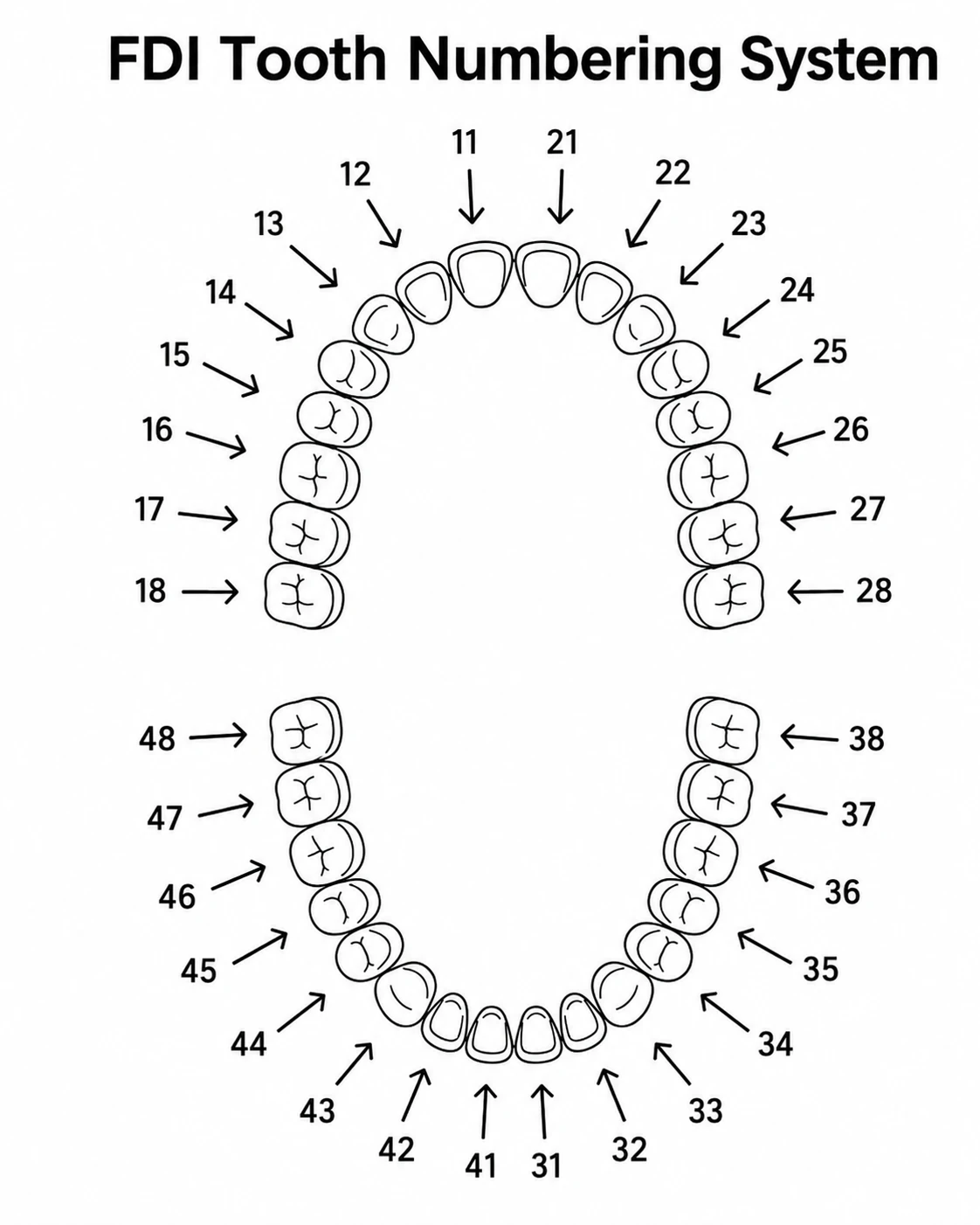 FDI tooth numbering chart showing permanent teeth using two-digit quadrant notation